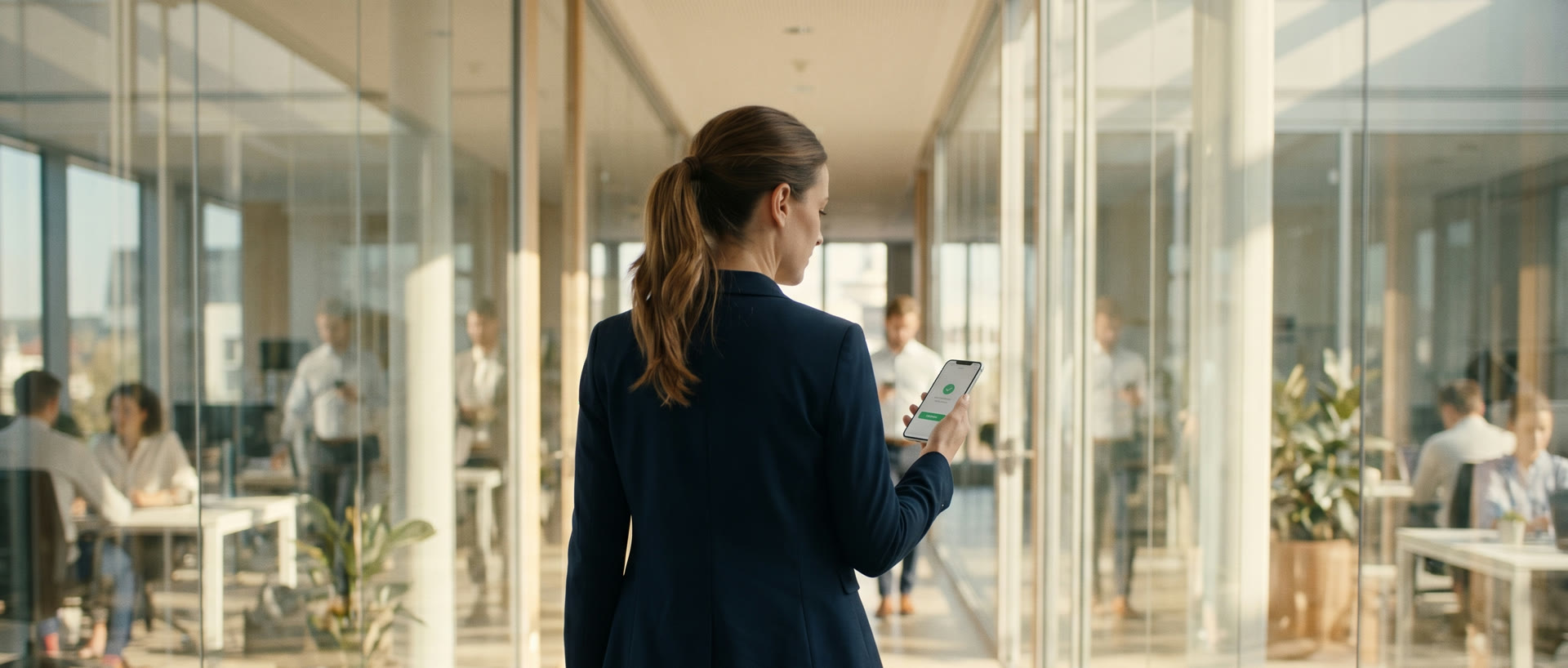 An approver reviewing a request on her phone while walking through a sunlit office