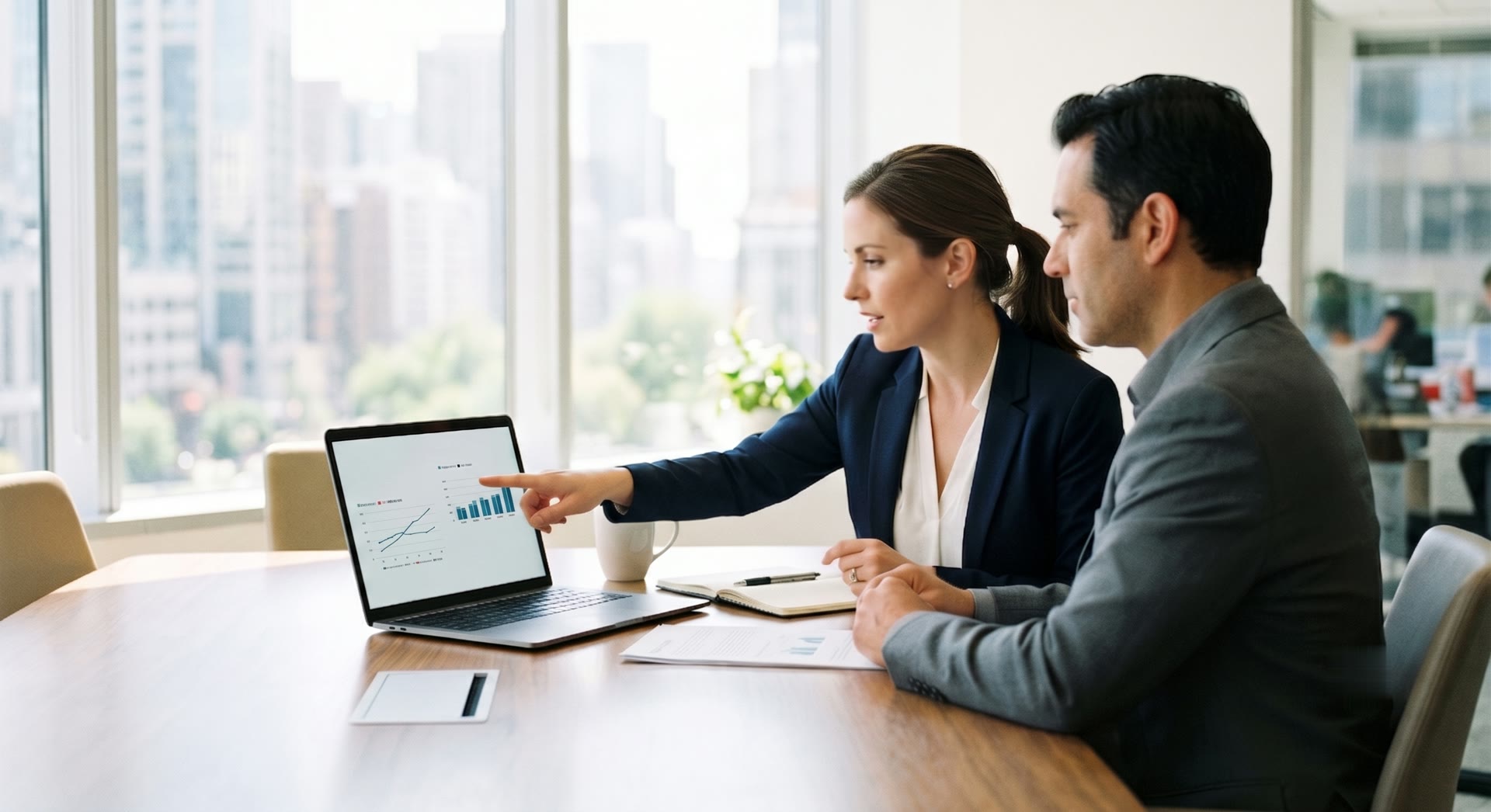 Two colleagues reviewing a proposal together on a laptop in a bright conference room