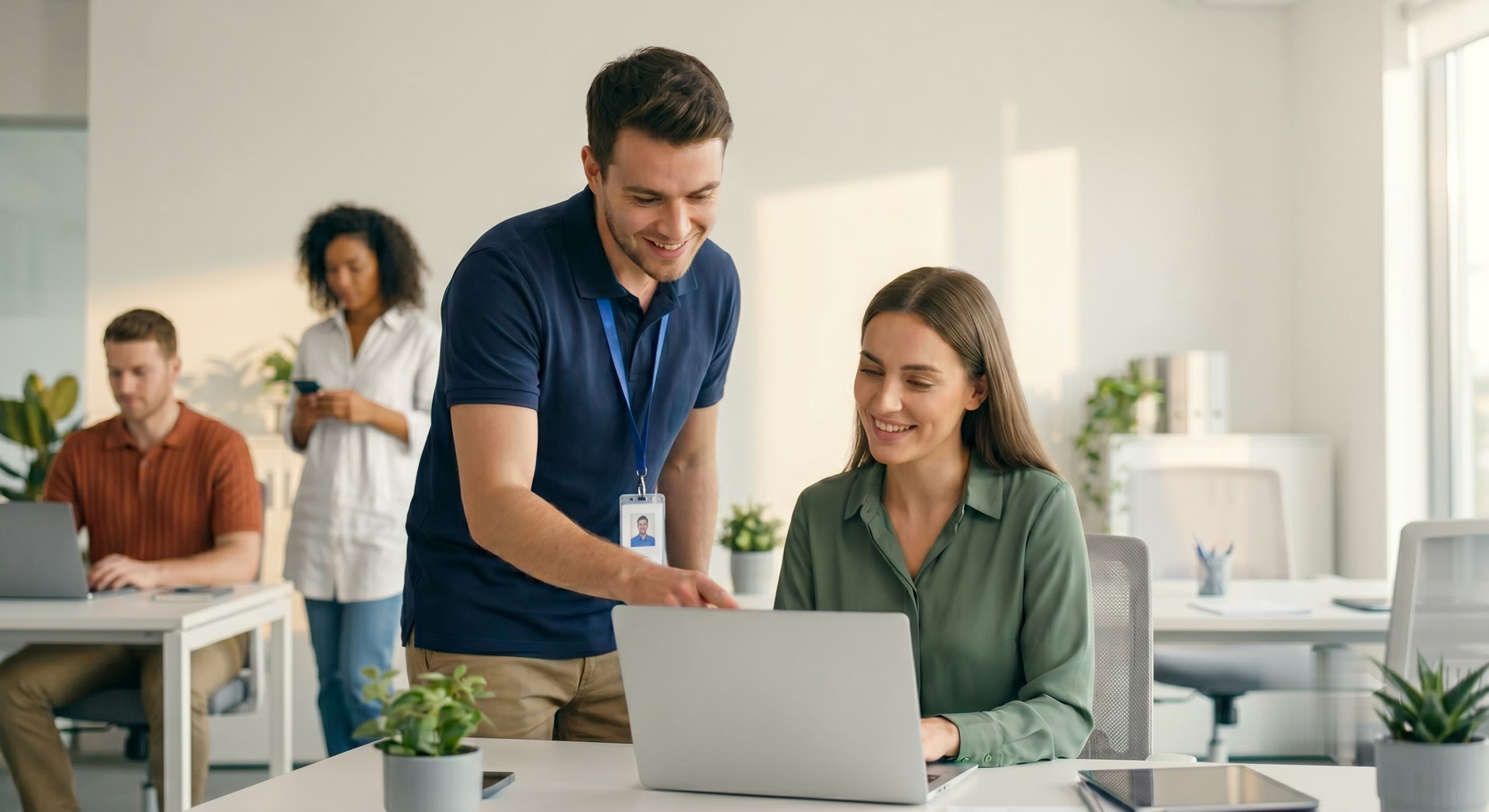 An IT staffer helping a colleague at her laptop in a bright open-plan office
